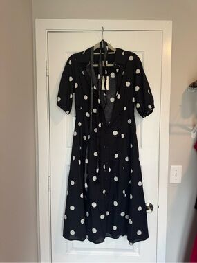 a new day Black and White Polka Dot Button-Front Midi Dress